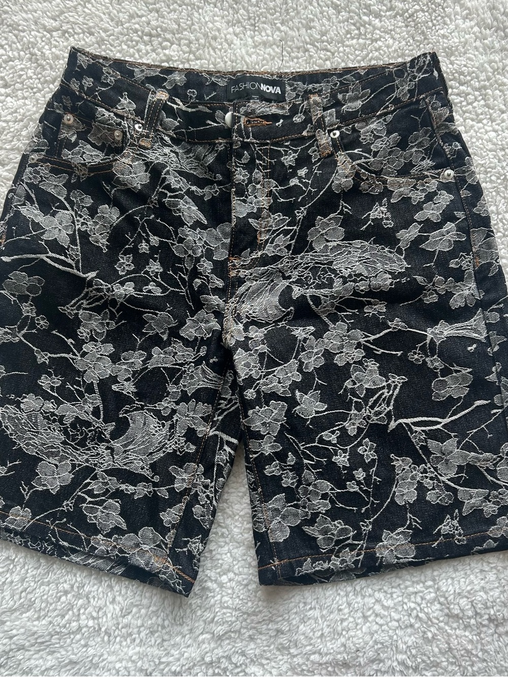 Fashion Nova Black Denim Shorts with White Floral Embroidery
